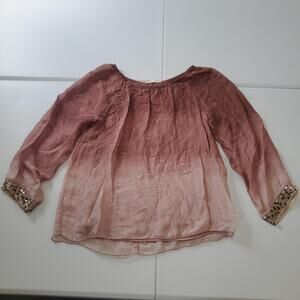 Belle France Silk Blouse Womens XL Pink Ombre Sheer Long Sleeve Sequin Cuff Top